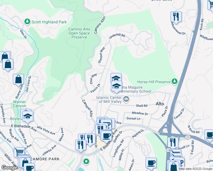 map of restaurants, bars, coffee shops, grocery stores, and more near 80 Lomita Drive in Mill Valley