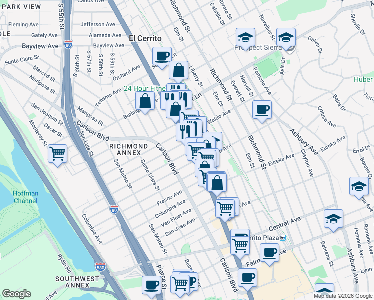 map of restaurants, bars, coffee shops, grocery stores, and more near 6208 Huntington Avenue in Richmond