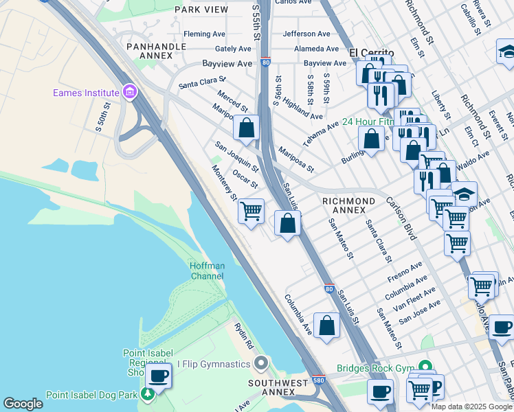map of restaurants, bars, coffee shops, grocery stores, and more near 5205 Colusa Avenue in Richmond