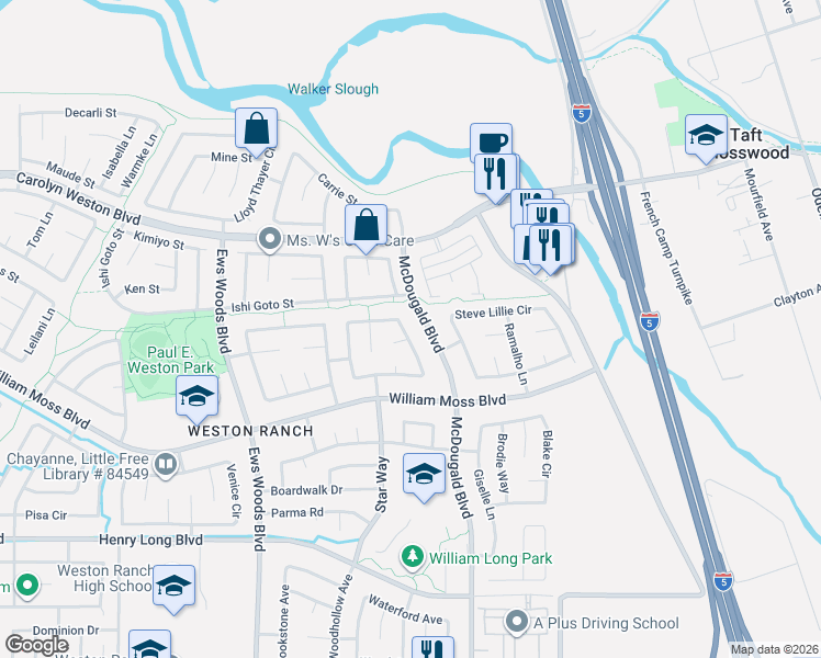 map of restaurants, bars, coffee shops, grocery stores, and more near 822 Chase Court in Stockton