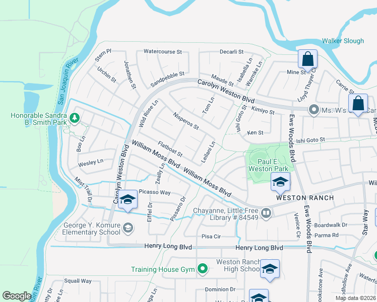map of restaurants, bars, coffee shops, grocery stores, and more near 1942 Flatboat Street in Stockton