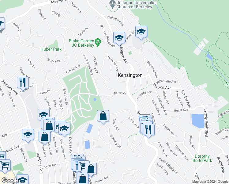 map of restaurants, bars, coffee shops, grocery stores, and more near 64 Highgate Road in Kensington