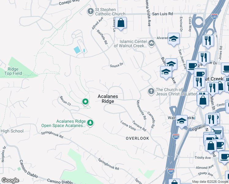 map of restaurants, bars, coffee shops, grocery stores, and more near 111 Hilltop Crescent in Walnut Creek