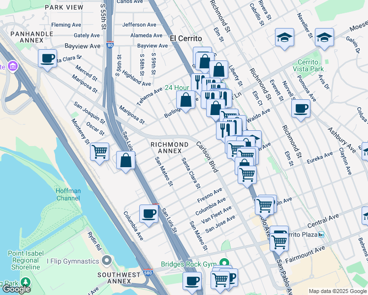 map of restaurants, bars, coffee shops, grocery stores, and more near 5722 Sutter Avenue in Richmond