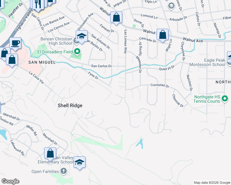 map of restaurants, bars, coffee shops, grocery stores, and more near 419 Las Lomas Way in Walnut Creek