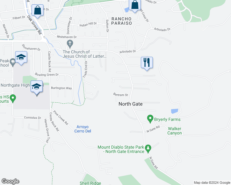 map of restaurants, bars, coffee shops, grocery stores, and more near 825 Bertram Street in Walnut Creek