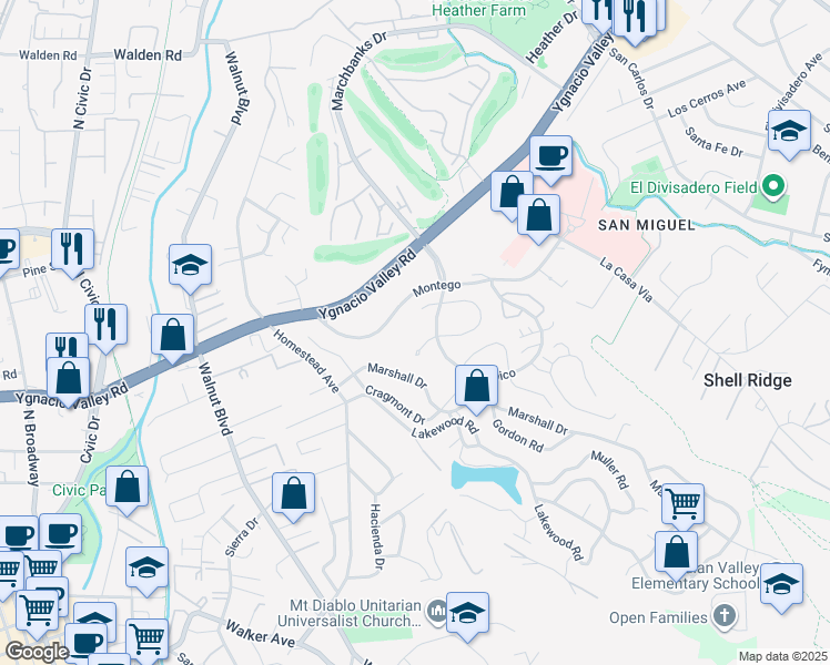 map of restaurants, bars, coffee shops, grocery stores, and more near 1333 Corte Madera in Walnut Creek