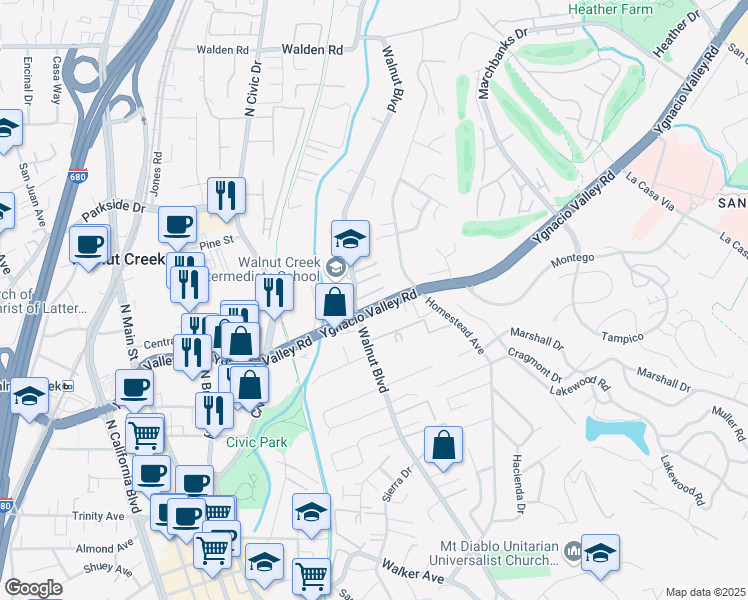 map of restaurants, bars, coffee shops, grocery stores, and more near 1011 Ygnacio Valley Road in Walnut Creek
