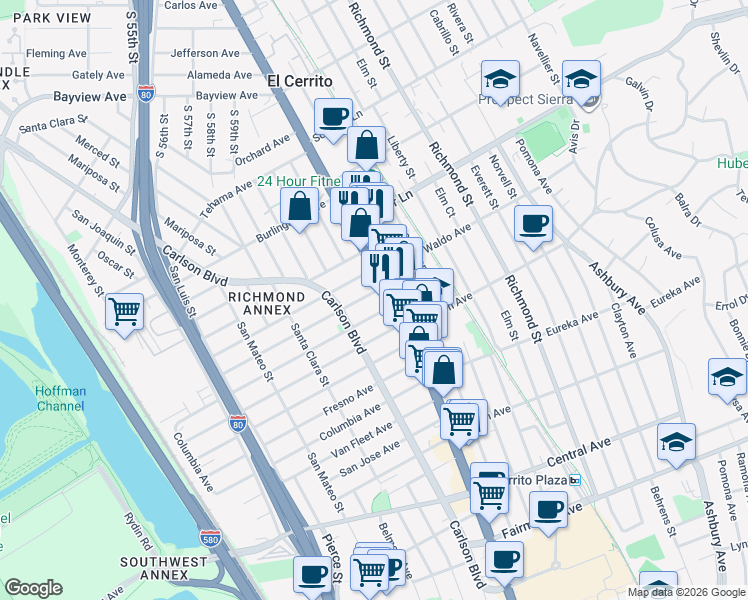 map of restaurants, bars, coffee shops, grocery stores, and more near 6212 Santa Cruz Avenue in Richmond