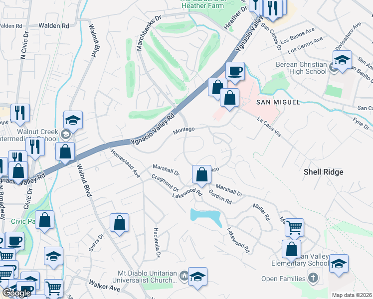 map of restaurants, bars, coffee shops, grocery stores, and more near 1333 Corte Madera in Walnut Creek