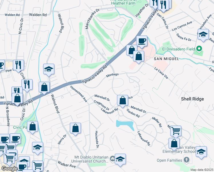 map of restaurants, bars, coffee shops, grocery stores, and more near in Walnut Creek