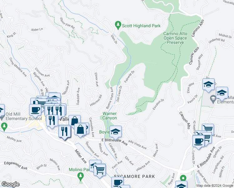 map of restaurants, bars, coffee shops, grocery stores, and more near 77 Del Casa Drive in Mill Valley