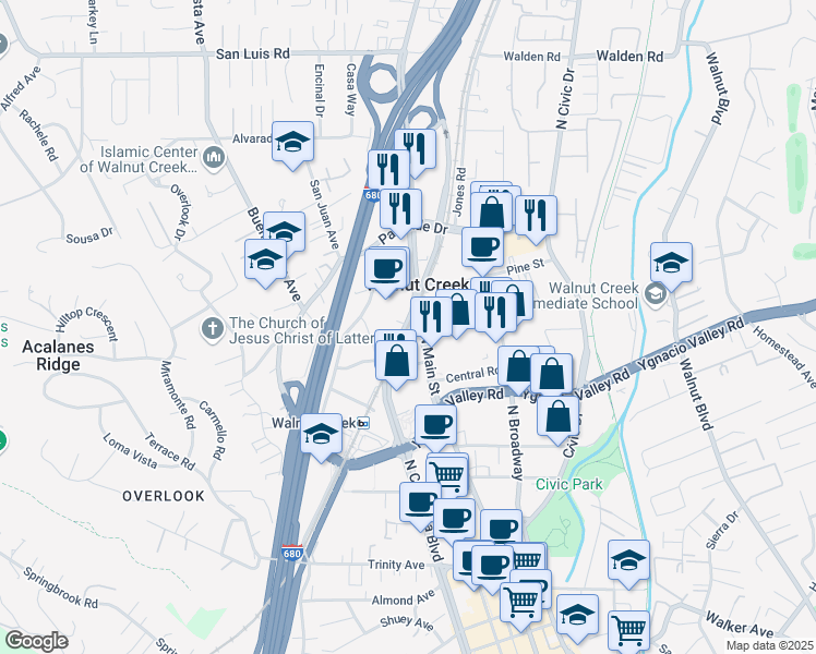 map of restaurants, bars, coffee shops, grocery stores, and more near 2185 North California Boulevard in Walnut Creek