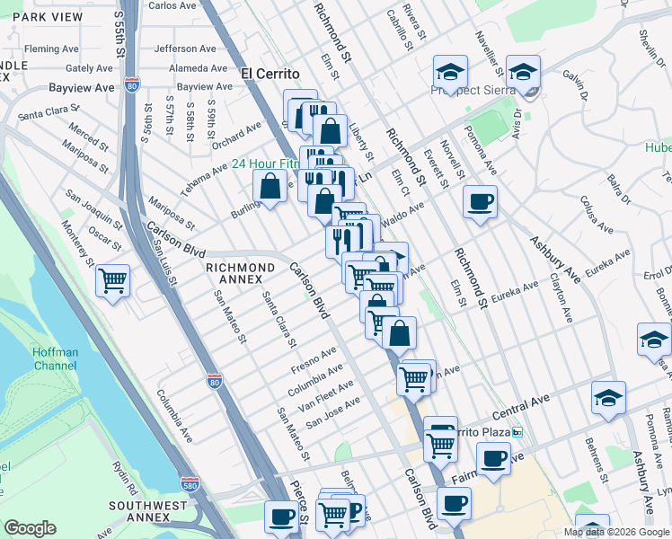 map of restaurants, bars, coffee shops, grocery stores, and more near 6212 Santa Cruz Avenue in Richmond