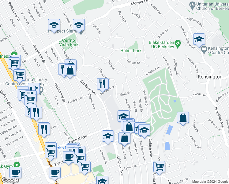 map of restaurants, bars, coffee shops, grocery stores, and more near 605 Colusa Avenue in El Cerrito