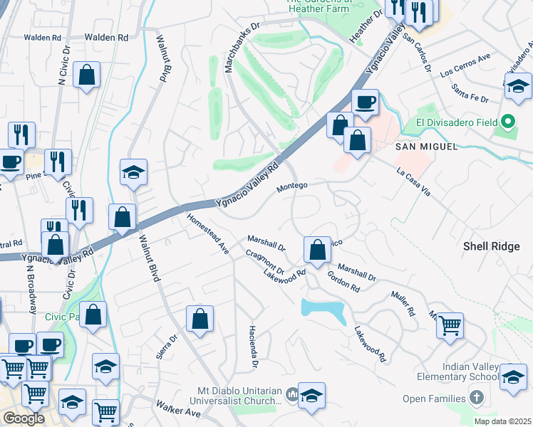map of restaurants, bars, coffee shops, grocery stores, and more near 1350 Montego in Walnut Creek