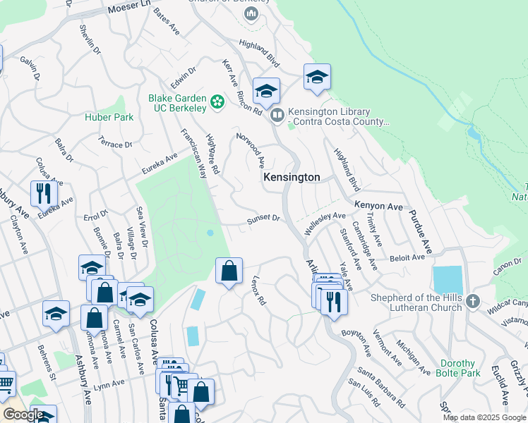 map of restaurants, bars, coffee shops, grocery stores, and more near 25 Sunset Drive in Kensington