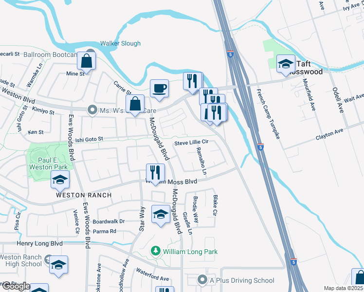 map of restaurants, bars, coffee shops, grocery stores, and more near 3735 Steve Lillie Circle in Stockton