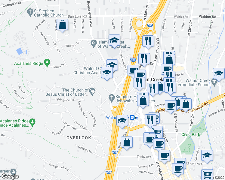map of restaurants, bars, coffee shops, grocery stores, and more near 1832 Parkside Drive in Walnut Creek