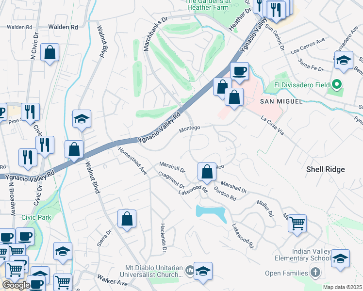 map of restaurants, bars, coffee shops, grocery stores, and more near 1385 Corte Loma in Walnut Creek