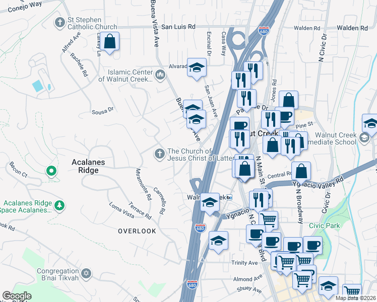 map of restaurants, bars, coffee shops, grocery stores, and more near 2266 Hillside Court in Walnut Creek