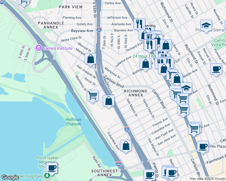 map of restaurants, bars, coffee shops, grocery stores, and more near 5437 Burlingame Avenue in Richmond