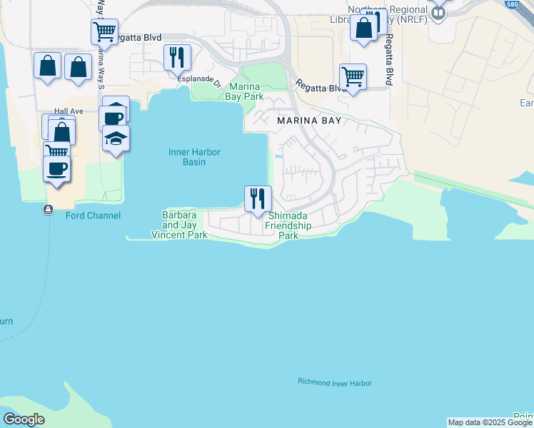 map of restaurants, bars, coffee shops, grocery stores, and more near 57 Sandpoint Drive in Richmond