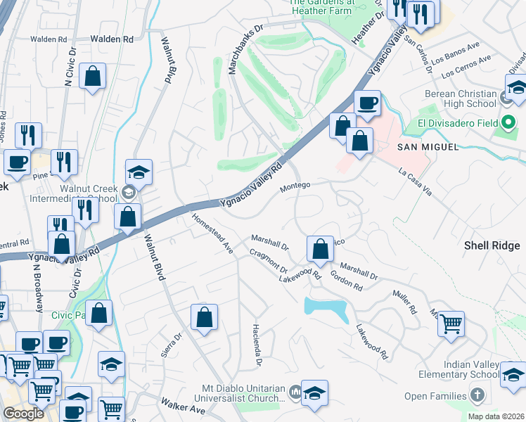 map of restaurants, bars, coffee shops, grocery stores, and more near 1350 Montego in Walnut Creek