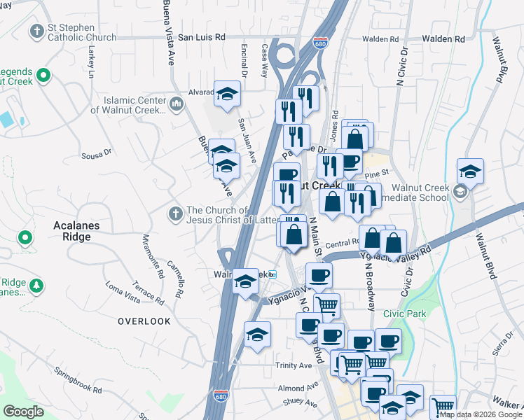 map of restaurants, bars, coffee shops, grocery stores, and more near 1738 Riviera Avenue in Walnut Creek