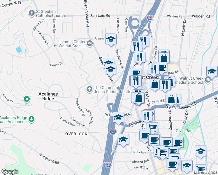 map of restaurants, bars, coffee shops, grocery stores, and more near 1832 Parkside Drive in Walnut Creek