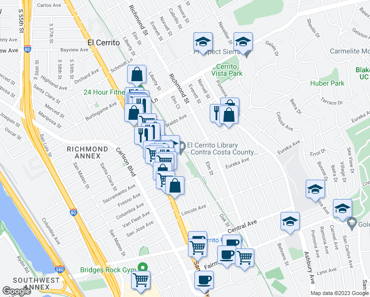 map of restaurants, bars, coffee shops, grocery stores, and more near 6535 Stockton Avenue in El Cerrito