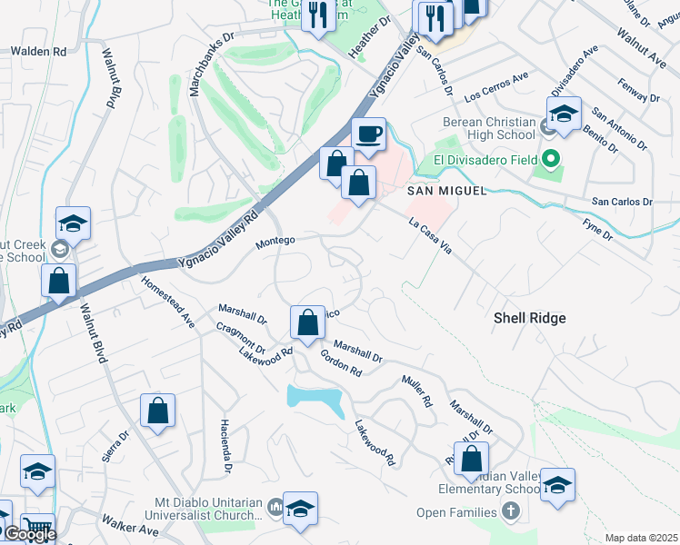 map of restaurants, bars, coffee shops, grocery stores, and more near 806 Tampico in Walnut Creek