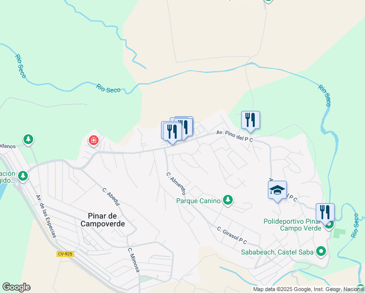 map of restaurants, bars, coffee shops, grocery stores, and more near 64 Avenida Pino del P C in Pinar de Campoverde