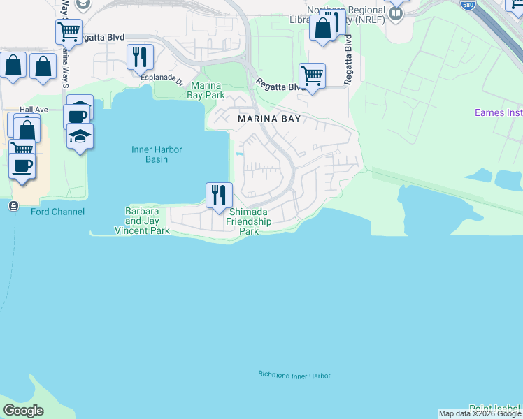 map of restaurants, bars, coffee shops, grocery stores, and more near 202 Lakeshore Court in Richmond