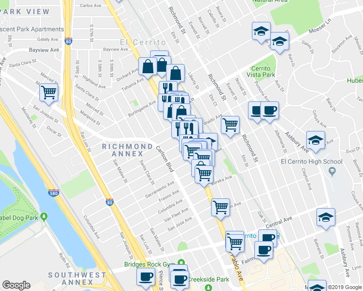 map of restaurants, bars, coffee shops, grocery stores, and more near 10443 San Pablo Avenue in El Cerrito