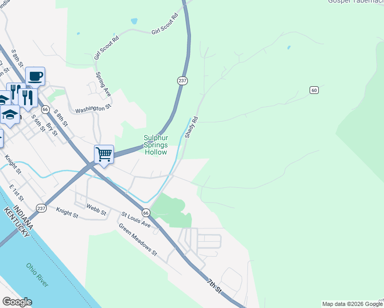 map of restaurants, bars, coffee shops, grocery stores, and more near 4840 Shady Road in Cannelton