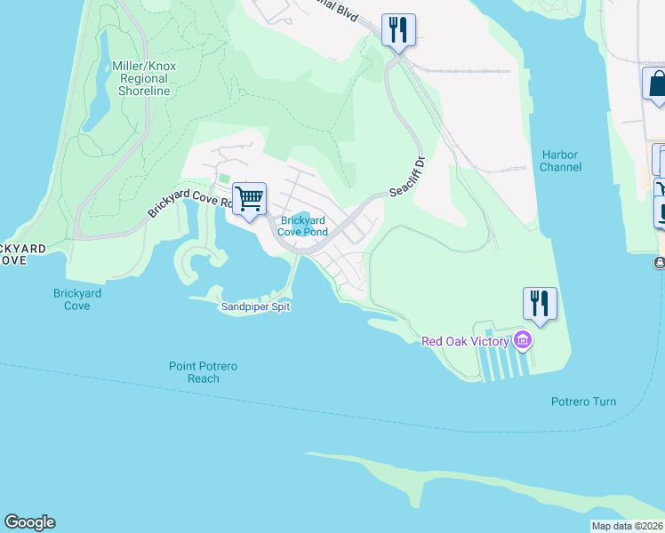 map of restaurants, bars, coffee shops, grocery stores, and more near 16 Waterline Place in Richmond