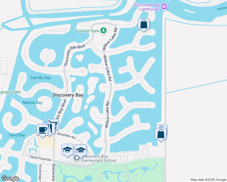 map of restaurants, bars, coffee shops, grocery stores, and more near 1147 Willow Lake Road in Discovery Bay