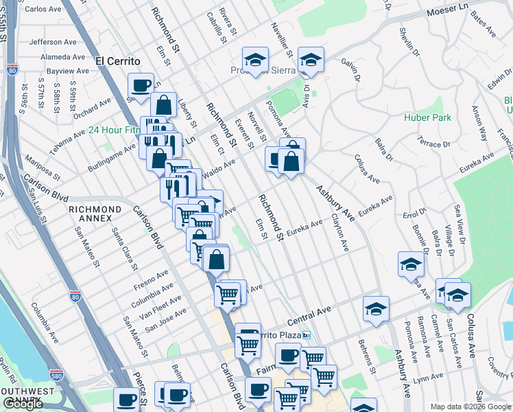 map of restaurants, bars, coffee shops, grocery stores, and more near 802 Elm Street in El Cerrito