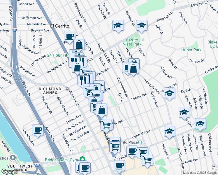 map of restaurants, bars, coffee shops, grocery stores, and more near 817 Liberty Street in El Cerrito