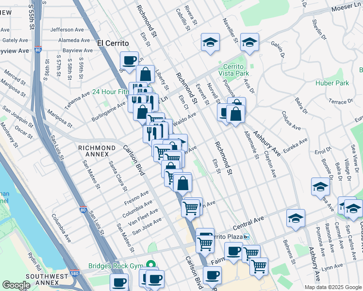map of restaurants, bars, coffee shops, grocery stores, and more near 817 Liberty Street in El Cerrito