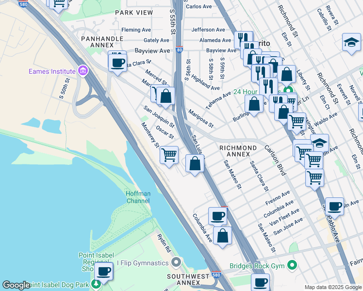 map of restaurants, bars, coffee shops, grocery stores, and more near 5304 Tehama Avenue in Richmond