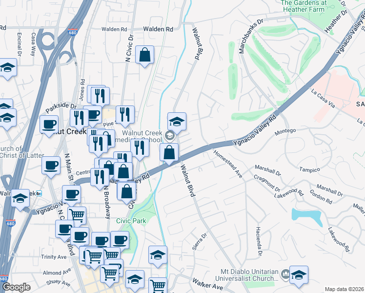 map of restaurants, bars, coffee shops, grocery stores, and more near 2436 Walnut Boulevard in Walnut Creek