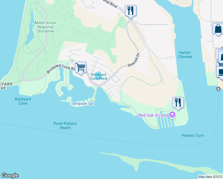 map of restaurants, bars, coffee shops, grocery stores, and more near 19 Waterline Place in Richmond