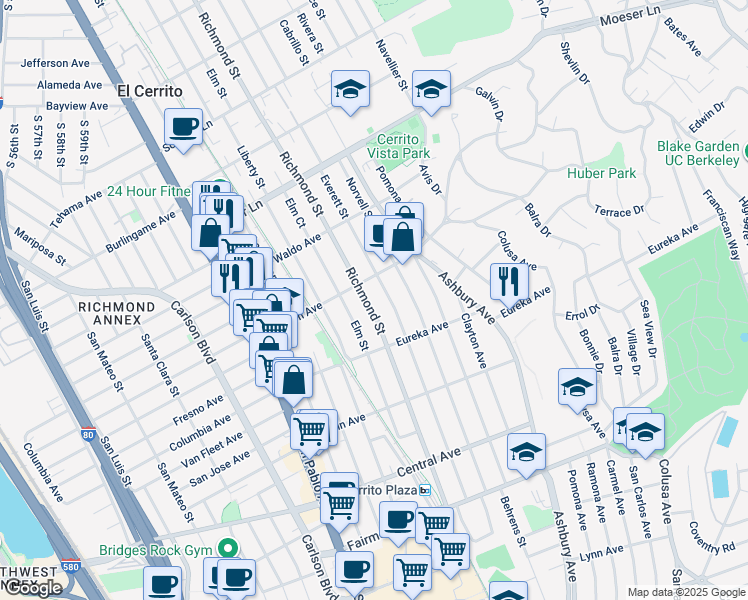 map of restaurants, bars, coffee shops, grocery stores, and more near 746 Richmond Street in El Cerrito