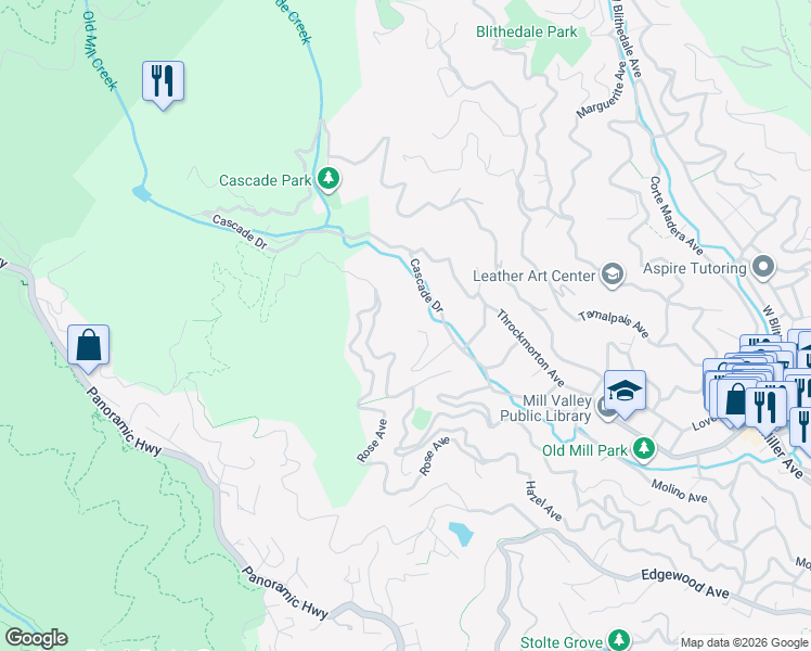 map of restaurants, bars, coffee shops, grocery stores, and more near 2 Wainwright Place in Mill Valley