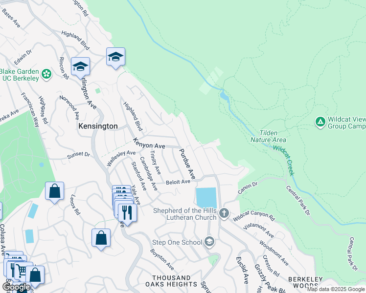 map of restaurants, bars, coffee shops, grocery stores, and more near 201 Purdue Avenue in Kensington