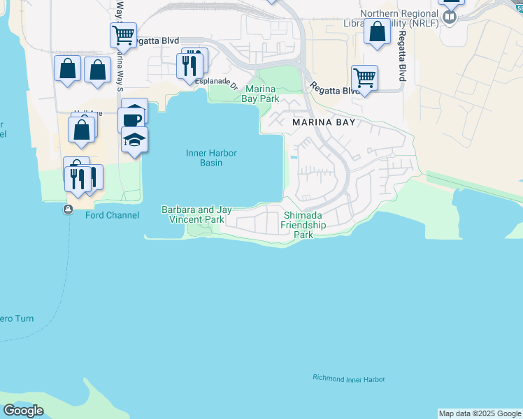 map of restaurants, bars, coffee shops, grocery stores, and more near 47 Sandpoint Drive in Richmond
