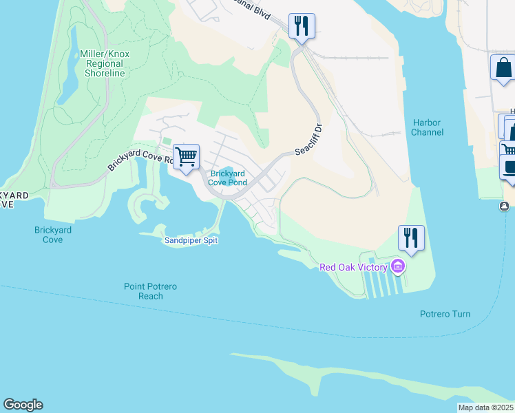 map of restaurants, bars, coffee shops, grocery stores, and more near 19 Waterline Place in Richmond
