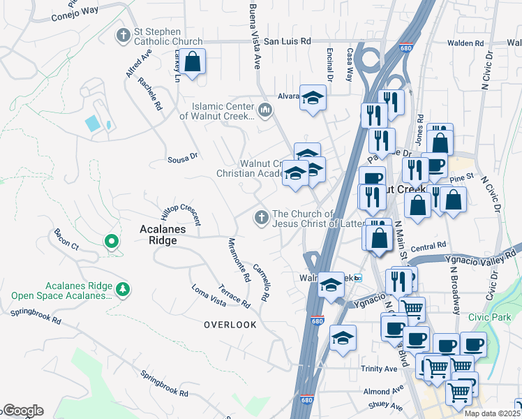 map of restaurants, bars, coffee shops, grocery stores, and more near 2380 Harvard Circle in Walnut Creek